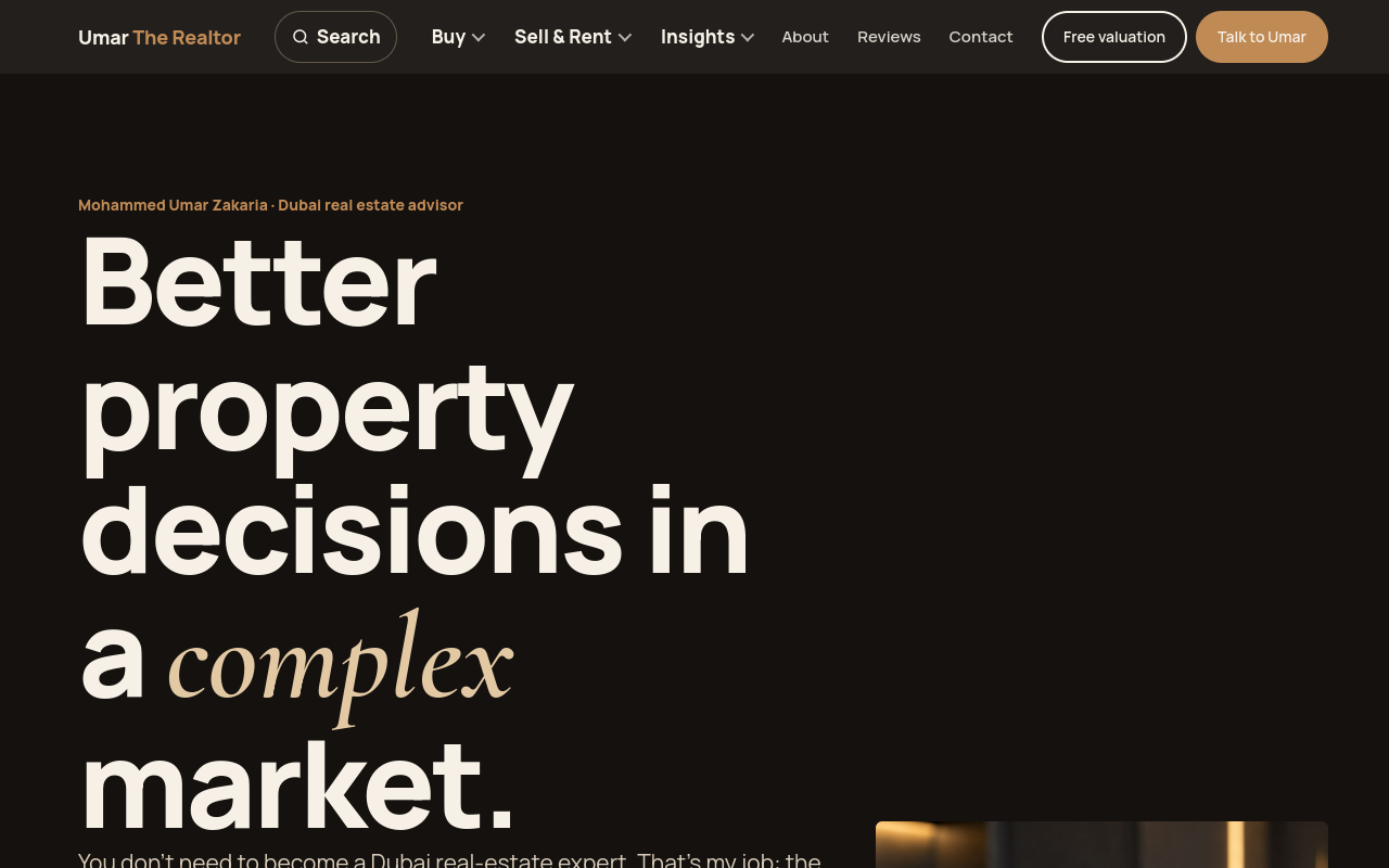 After: a dark premium homepage headed Better property decisions in a complex market