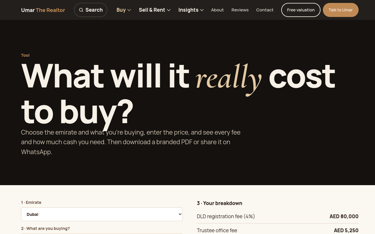 Buying cost calculator with a fee breakdown