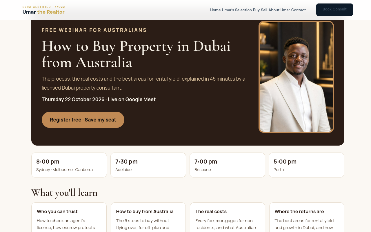Webinar registration page with time zones