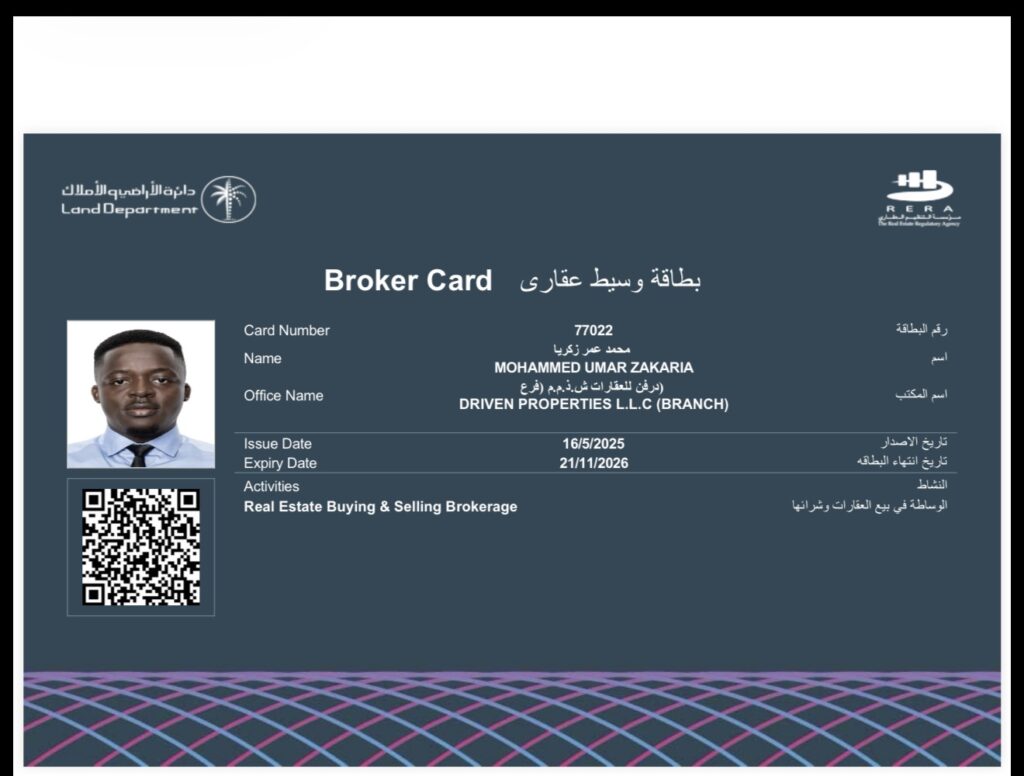 Mohammed Umar Zakaria's RERA broker card, number 77022